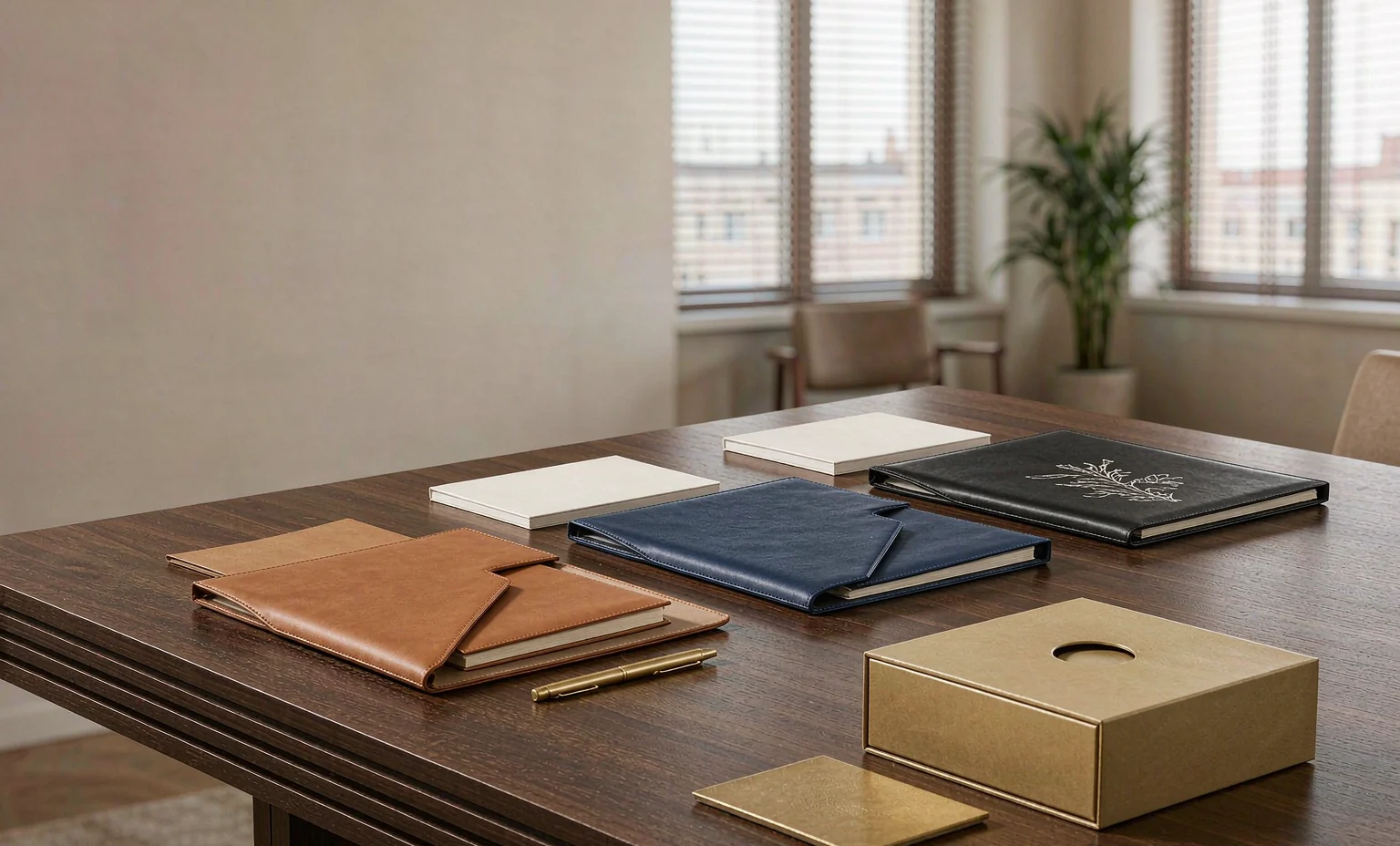 Custom PU leather portfolios, notebooks and presentation boxes on a conference table