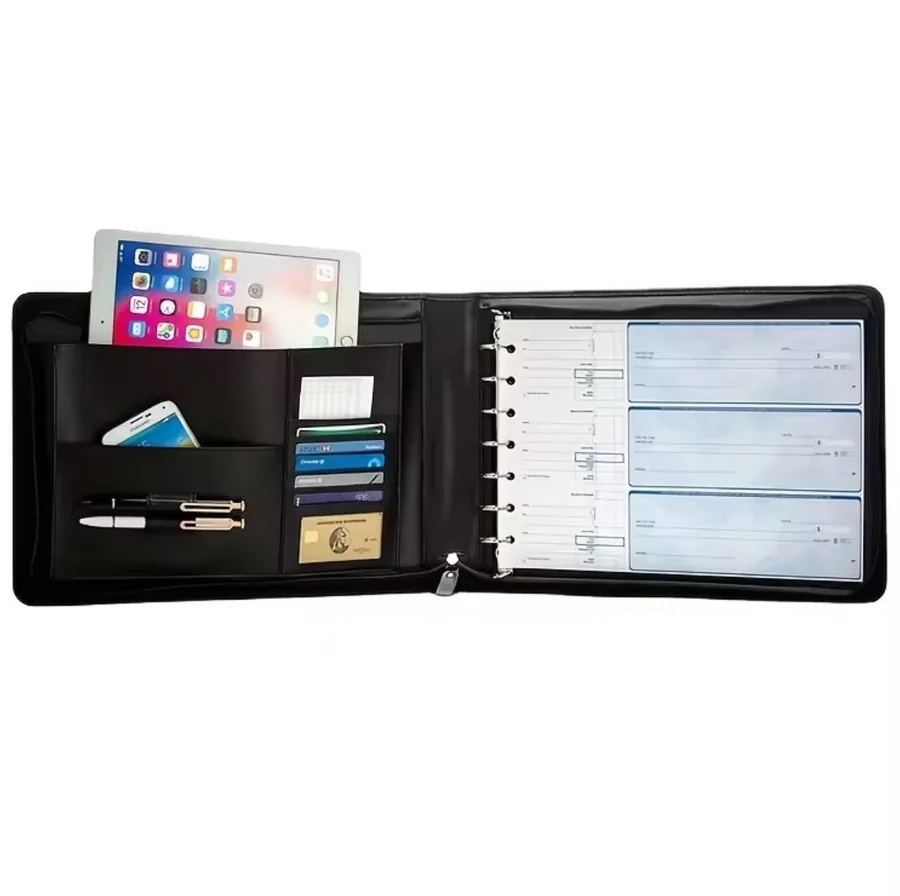 7-Ring Binder Portfolio PU Leather Check Binder with Zipper