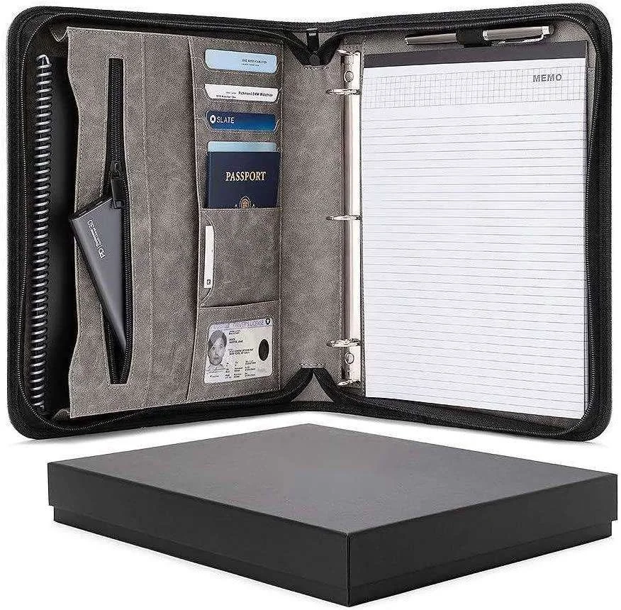 A4 zipper file folder portfolio in black leather-look material, open and closed