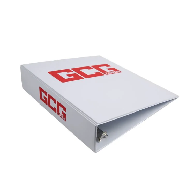 White PVC three-ring binder with a red printed logo on the cover