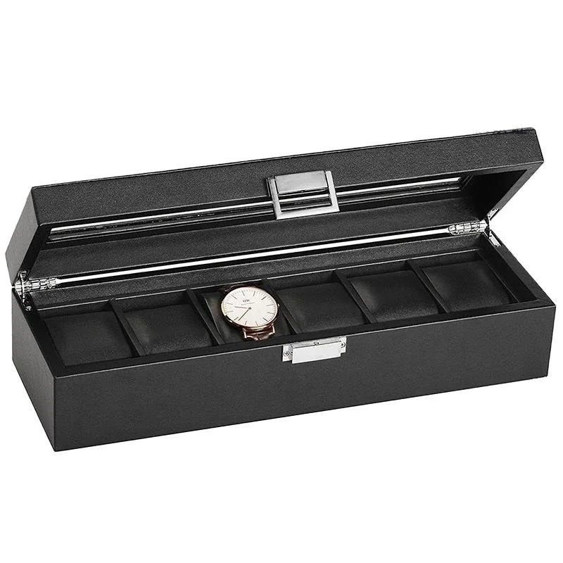 PU leather six-slot watch box with a glass lid and one watch on a pillow