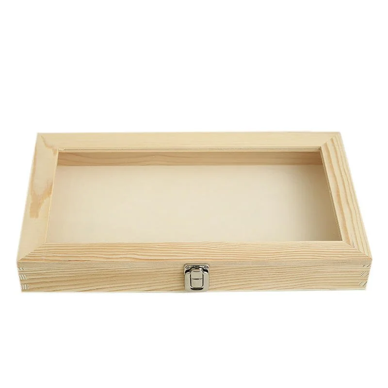 Light wood storage display box with a hinged lid and a metal clasp