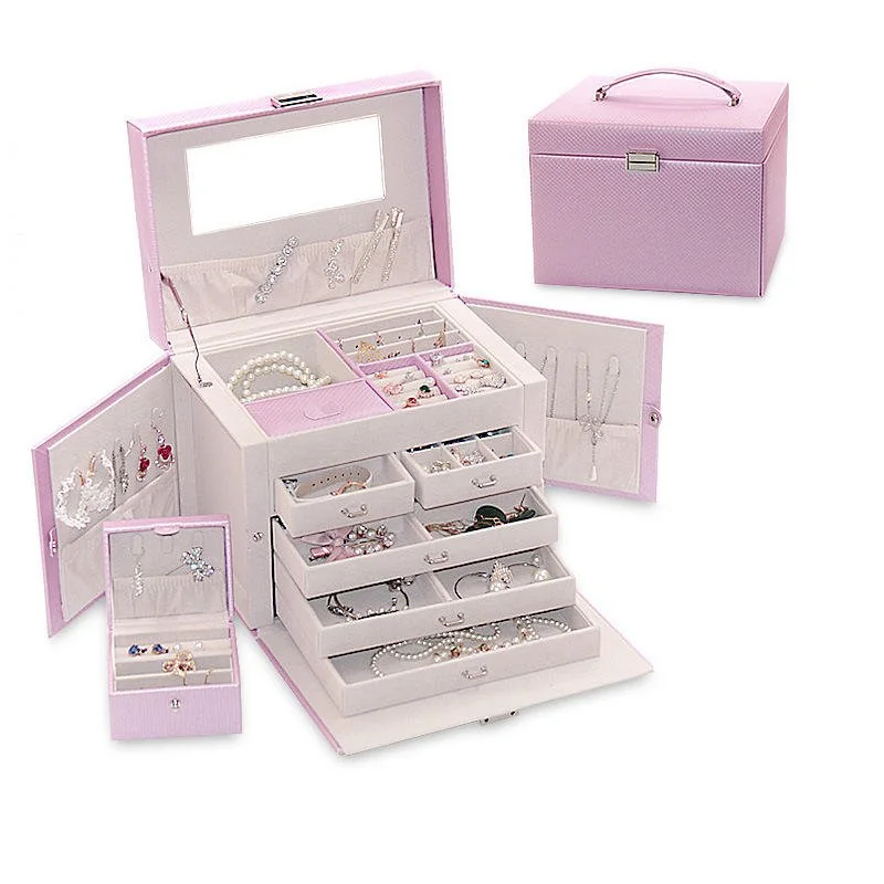 Five-layer jewelry case with pull-out drawers, trays and a carry handle