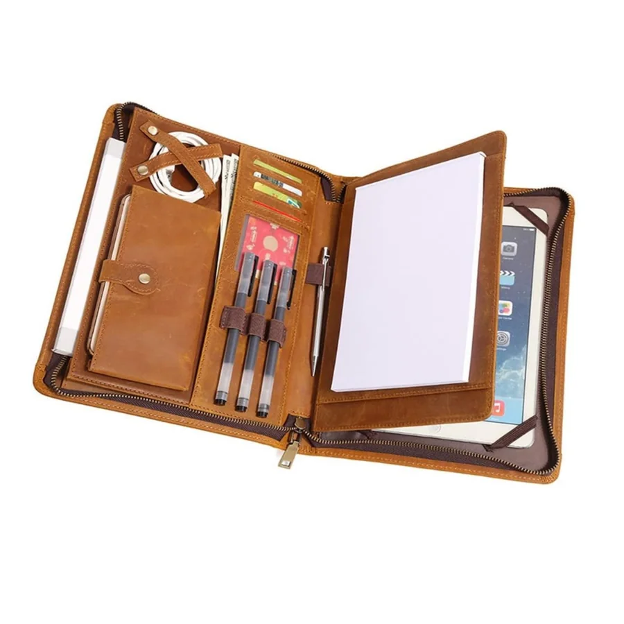 A4 Brown PU Leather Zippered Portfolio Case