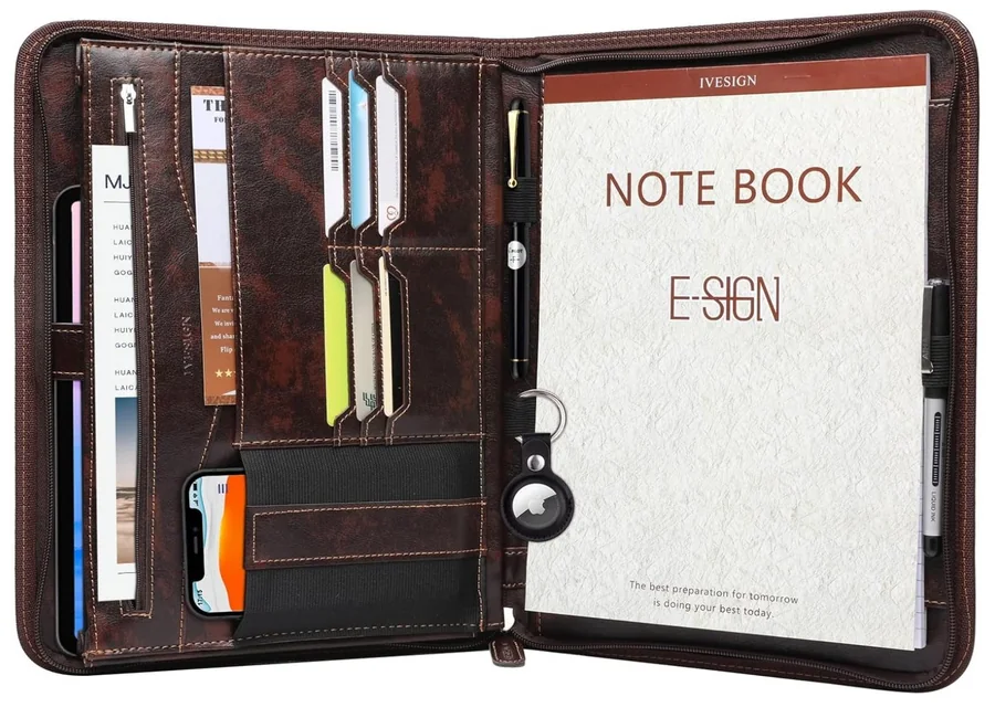 Zippered Leather Padfolio Portfolio with 10.1 Inch Tablet Sl