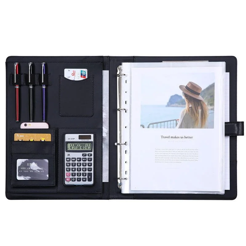 Open A4 zipper binder portfolio with rings, pen loops and a document pocket