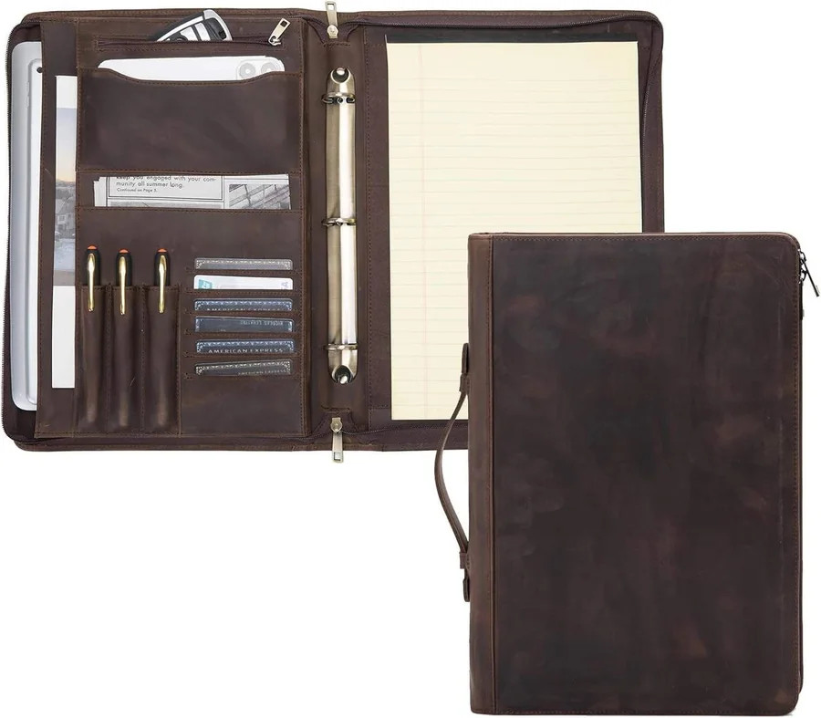 Leather three-ring binder portfolio, legal size, open to show the rings and a writing pad