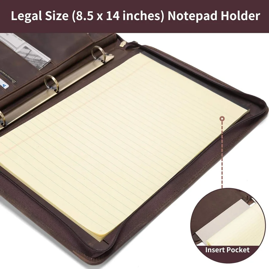 Genuine Leather 3 Ring Binder Portfolio, 8.5 X 14 Legal Size - view 2