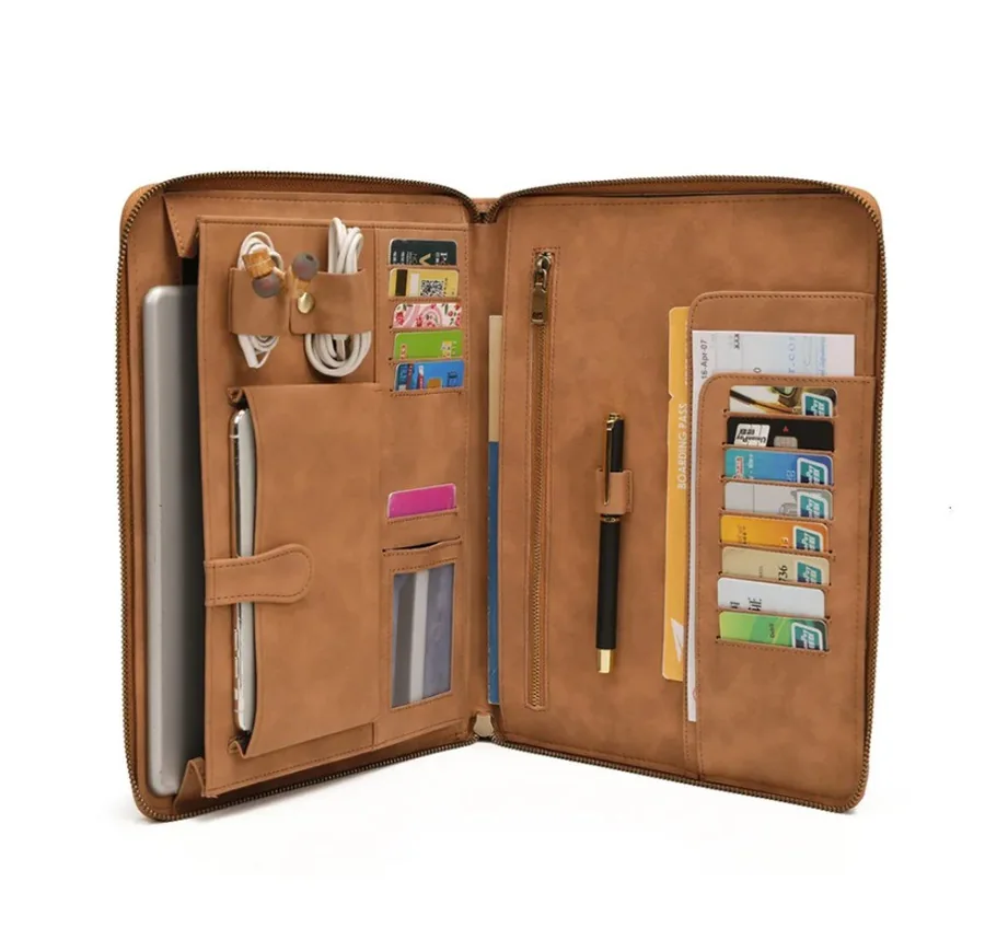 Tan PU leather iPad portfolio briefcase open, holding a tablet, pens and cards