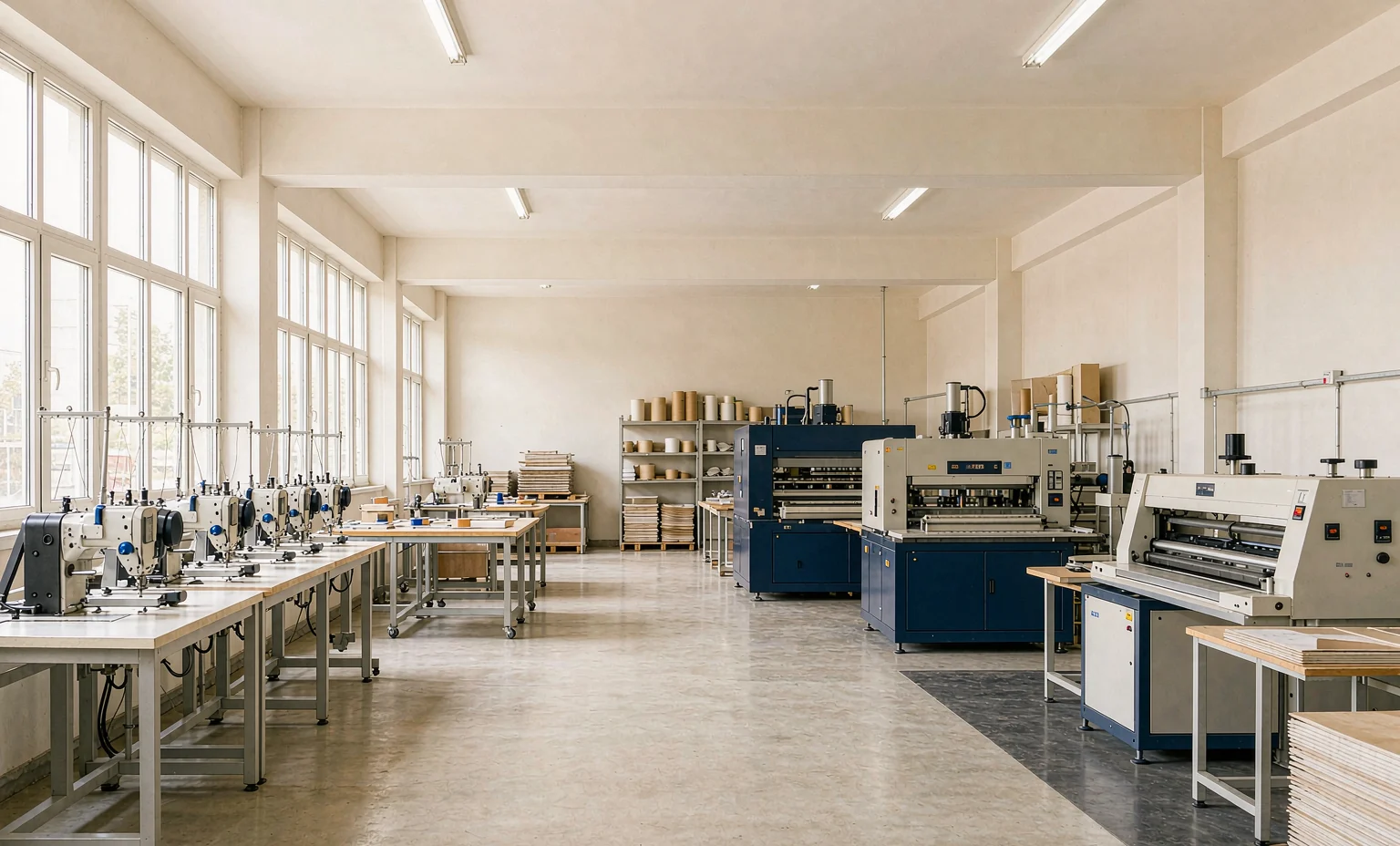 Our workshop: pattern sewing machines along the wall, die-cutting and high-frequency welding equipment in the centre